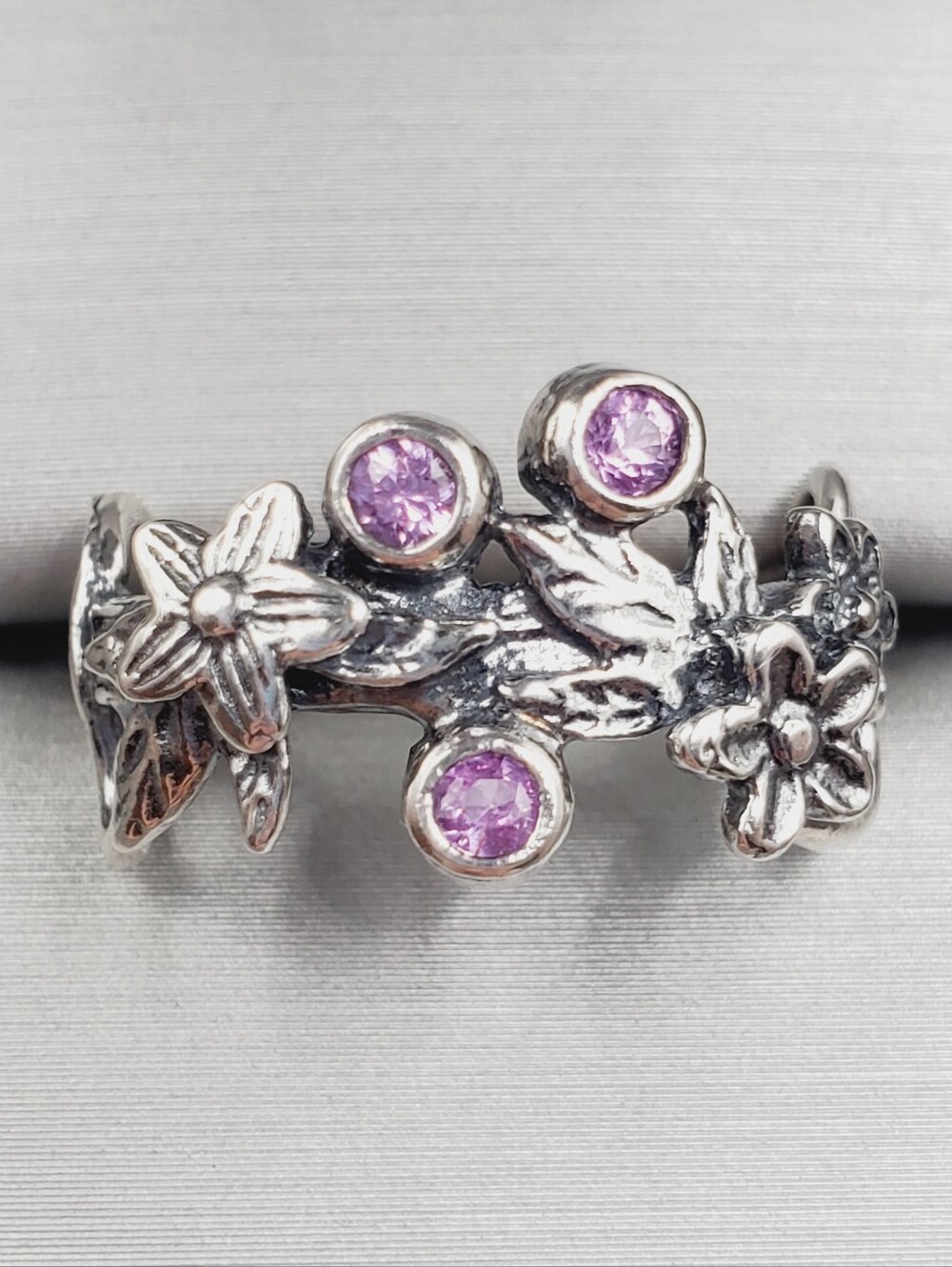 Floral Vine with Purple Sapphire Stones - 925 Sterling Silver Flower Ring
